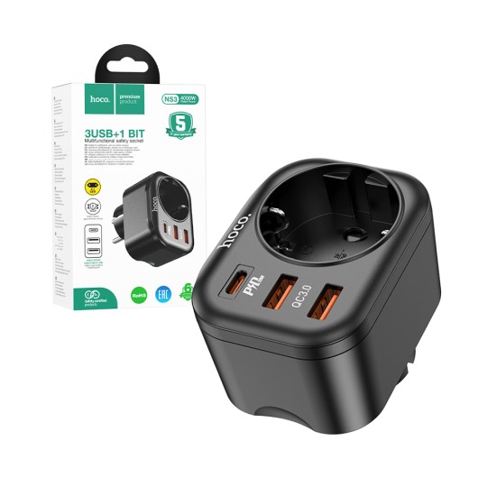 Hoco Multifunctional Socket Adaptor NS3 (EU/GER) with Dual USB Ports and Type C PD20W 18W Black